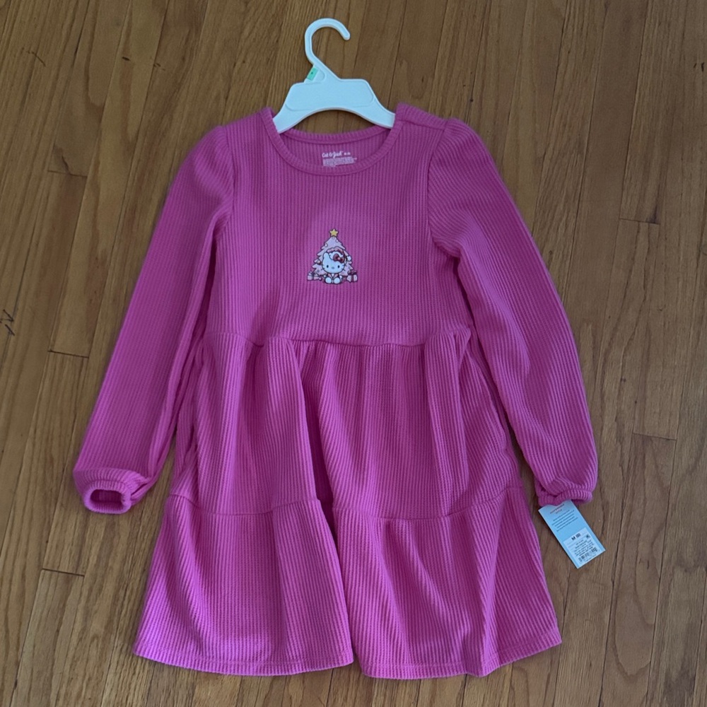 Cat & Jack Vibrant Pink Long-Sleeve Dress Hello Kitty Christmas Decal